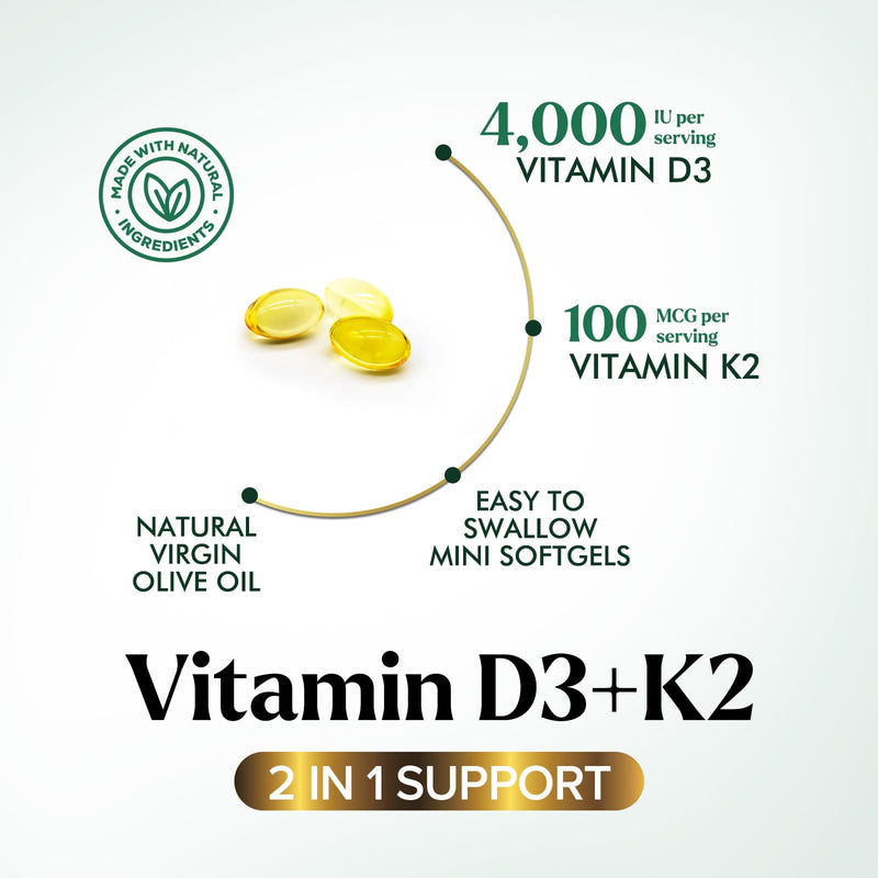 Vitamin D3 K2 - High Potency Vitamin D3 + K2 - 2-in-1 Complex Vitamin D & K2 (MK7) Supplement - Gluten Free - Bone & Immune Support - Vitamin D3 4000 IU Per Softgel - Bottled in the USA - 120 Softgels 120 Count (Pack of 1)