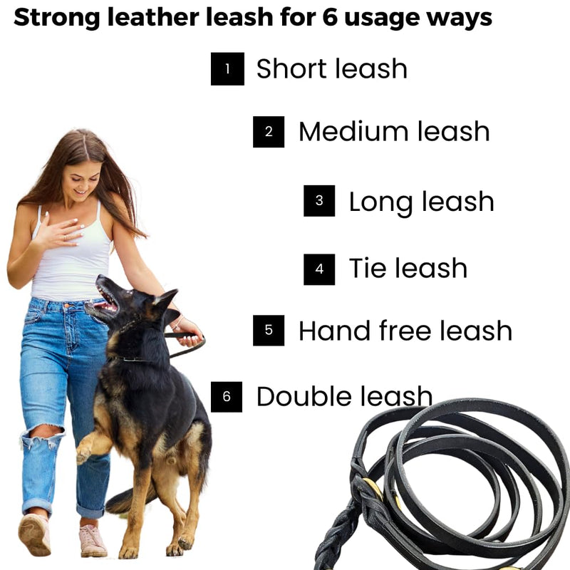 8 FT Multi-Function Leather Dog Leash, Genuine Leather Hands-Free Training Lead for Small Medium Large Dogs, Adjustable Long Leash for Walking, Hiking, Obedience Control (Black, 8 Ft) Black - BeesActive Australia