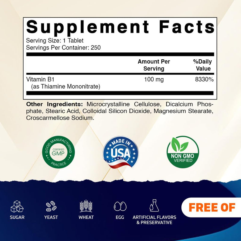 Vitamatic Vitamin B1 (As Thiamine Mononitrate) 100mg – 250 Vegetarian Tablets Supports Energy Production, Nervous System Function & Heart Health* (Pack of 2) 250 Count (Pack of 2)