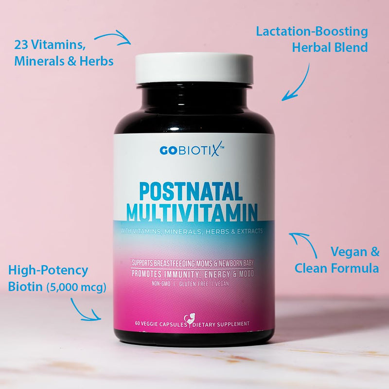 GOBIOTIX Postpartum Vitamins for Breastfeeding Moms - Postnatal Lactation Supplement with Organic Herbs, Minerals, Nutrients for New Mothers and Baby - Postpartum Essentials, Non GMO, Vegan, 60 Caps Postnatal Vitamins