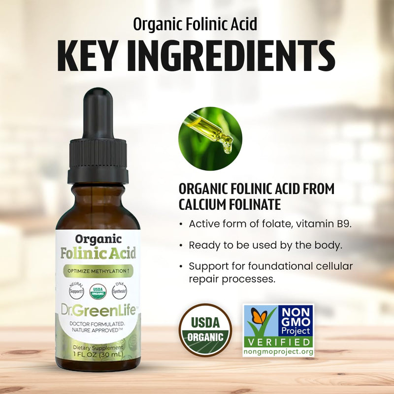 Dr. Green Mom Folinic Acid For Kids & Adults — High Dose — MTHFR-Friendly Folic Acid Alternative — Organic Liquid Drops — 500 mcg/Drop — Vitamin B9 for Methylation, Neurological & DNA Support, 1 fl oz
