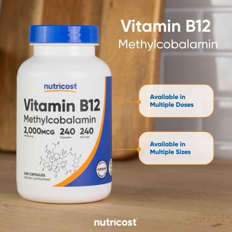 Nutricost Vitamin B12 (Methylcobalamin) 2000mcg, 240 Capsules - Vegetarian Caps, Non-GMO, Gluten Free B12 Supplement (Pack of 2) 240 Count (Pack of 2)