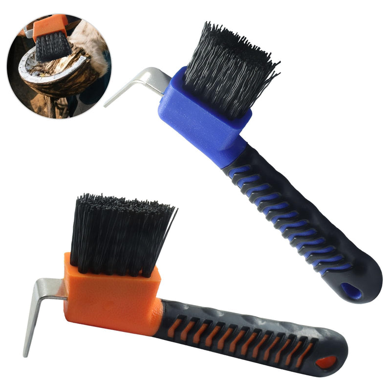 Horse Hoof Pick Brush, Soft Touch Rubber Handle Portable Hoof Pick for Horse Grooming, Cleaning (Orange+Blue) Orange+Blue