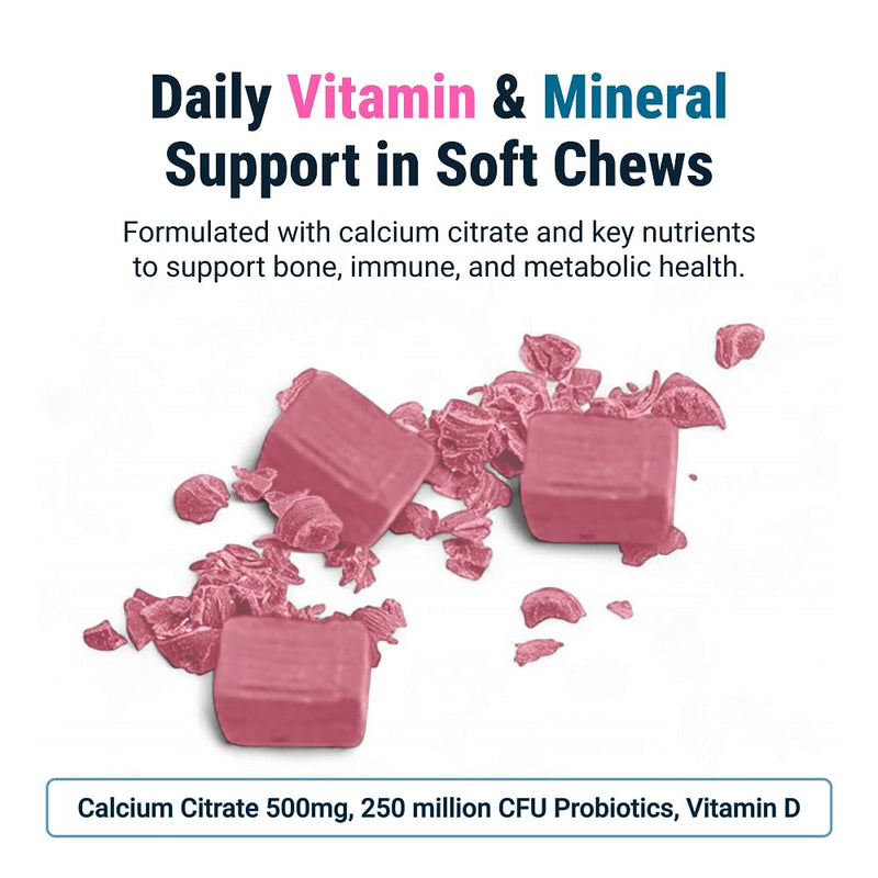 BariatricPal Sugar-Free Calcium Citrate Soft Chews | 500mg with Vitamin D & Probiotics | Strawberry Twist | 90 Count (1 Month Supply) - BeesActive Australia