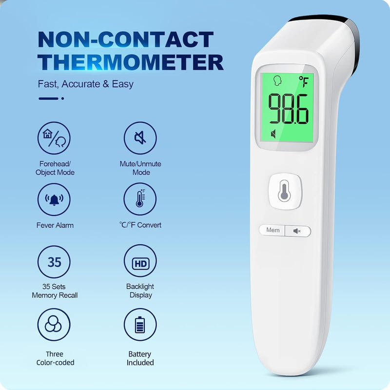 No-Touch Thermometer for Adults and Kids, Accurate Digital Baby Thermometer, Fever Alarm & Silent Mode, 2 in 1 Forehead & Object Mode white