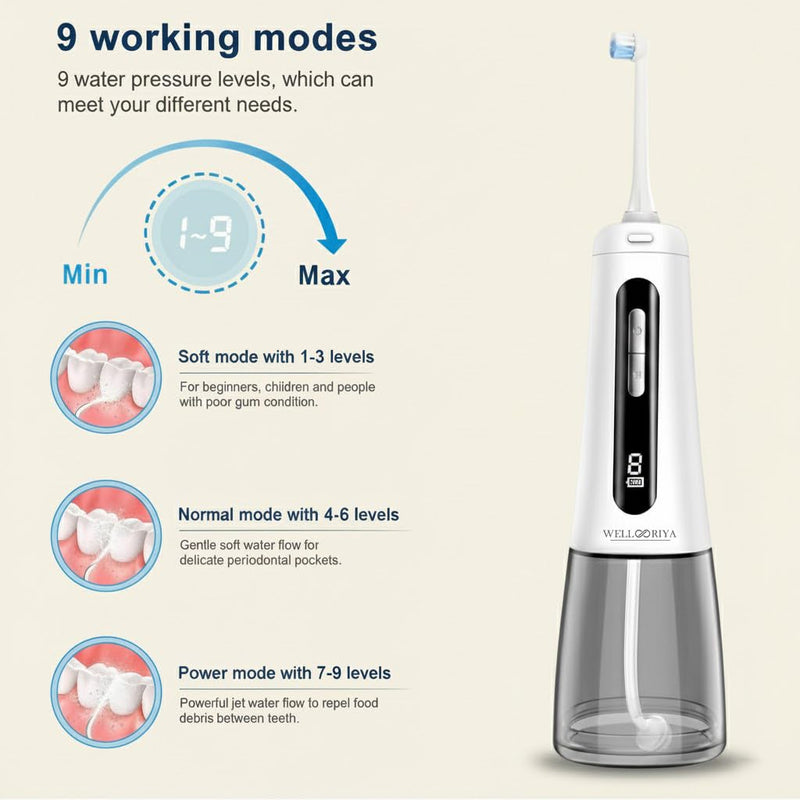 Cordless Water Dental Flosser – Power Dental Flosser for Teeth & Gums, 9 Pressure Levels, 300mL Tank, USB-C Rechargeable Oral Irrigator, IPX7 Waterproof for Braces & Travel – Wellooriya (White) White