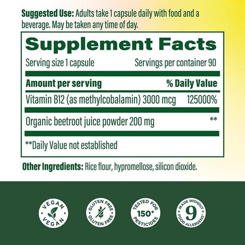 MegaFood Extra Strength Methyl B12 Vitamin, Cellular Energy, 90 Capsules | Bioavailable Vitamin B12, 3000 mcg, Supports Energy Metabolism and Nervous System Health, Beet Root, Vegan, 90 Servings