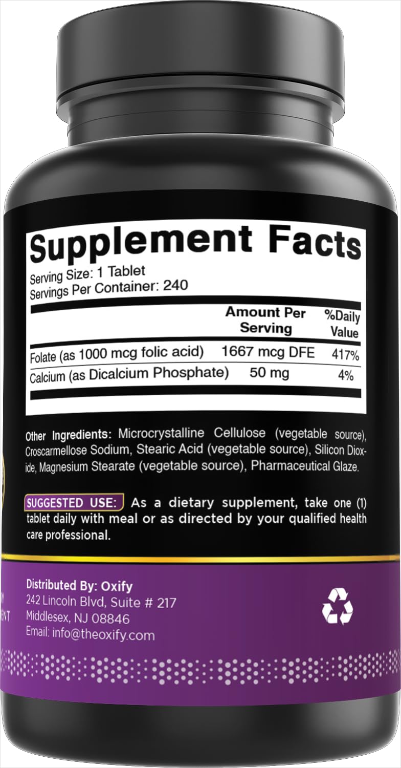Oxify Folic Acid 1000 mcg, 240 Tablets | Gluten-Free, Non-GMO, Made in USA