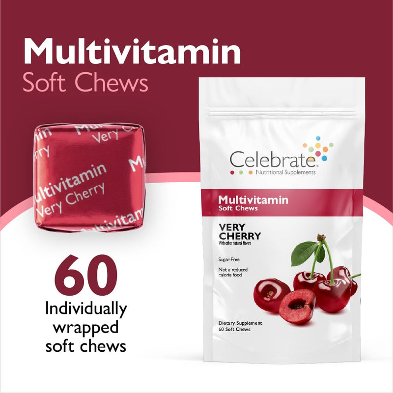 Celebrate Vitamins Bariatric Multivitamin Soft Chews - Essential Vitamins & Minerals, Sugar & Gluten Free - Gastric Bypass & Sleeve Gastrectomy Supplement - Cherry (60ct) Very Cherry 60 Count (Pack of 1)