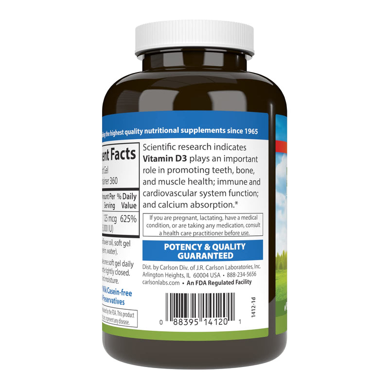 Carlson Vitamin D3 5,000 IU, Bone Health, 360 Soft Gels 360 Count (Pack of 1)
