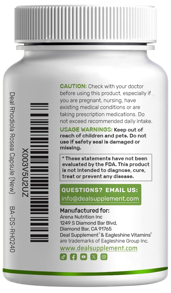 DEAL SUPPLEMENT Rhodiola Rosea with Ashwagandha 5,000mg Per Serving, 240 Veggie Capsules ‚Äì Max Strength 10:1 Root Extract ‚Äì Adaptogenic Supplements for Relaxation, Energy, & Brain Health ‚Äì Non-GMO