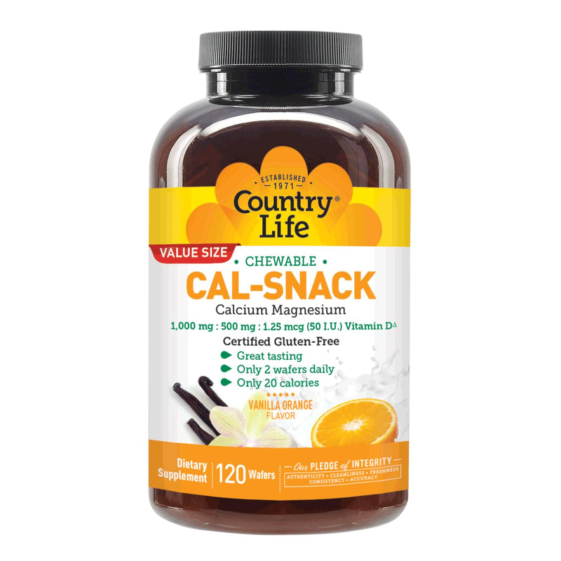 Country Life Cal-Snack Calcium Magnesium Wafers, Vanilla Orange, 120 Count | Chewable wafers provide 1,000 mg calcium, 500 mg magnesium and vitamin D per 2-wafer serving 120 Count (Pack of 1)