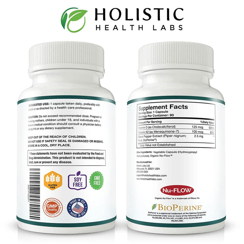 Max Absorption Vitamin K2 + D3 (5000IU) 90 Veggie Capsules From MK-7 (Menaquinone-7) and Cholecalciferol (With BioPerine) 3-Months Supply – D3 with K2 For Healthy Heart and Strong Bones | Non-GMO