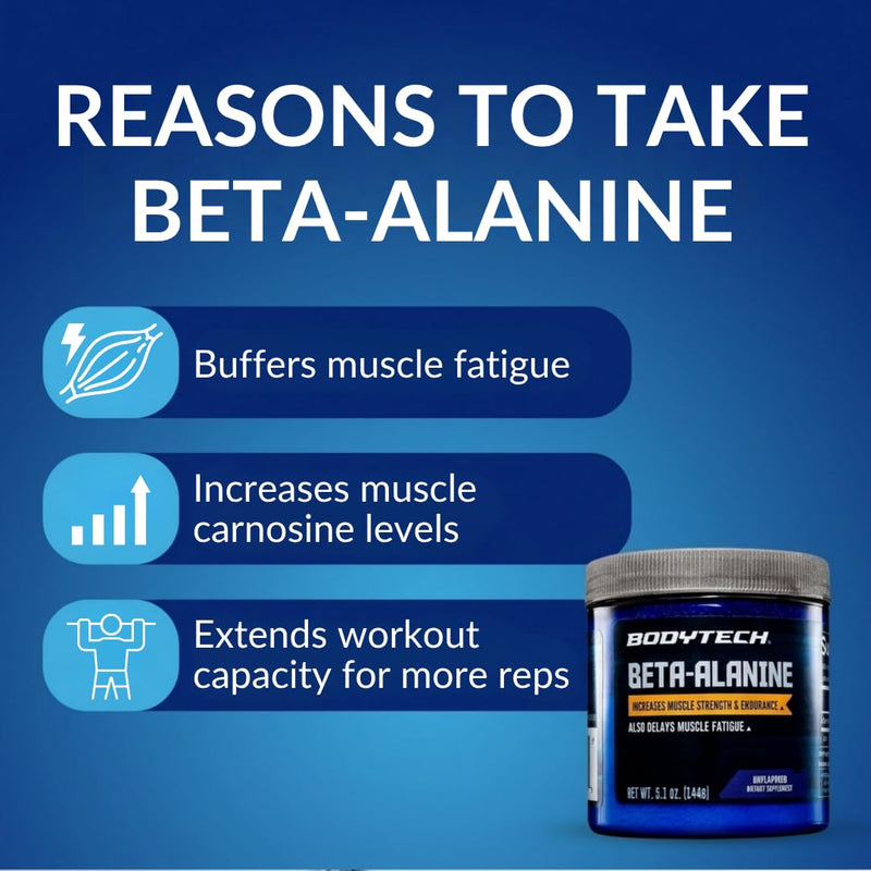 BodyTech Beta Alanine Powder, Unflavored, 5.1 Oz, 90 Servings | Includes 1600 MG CarnoSyn, Supports Muscle Endurance & Strength, Pre Workout & Workout Performance Supplement for Men & Women