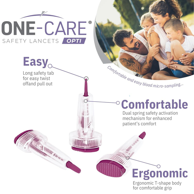 MediVena ONE-CARE Safety Lancets, 30G x 1.5mm, Push Button Activation, Gentle, Pre-Loaded, 3-Steps Only, Diabetes Testing, Sterile, Finger Self Prick Device, Glucose Monitor, Single Use, 100/Box - BeesActive Australia