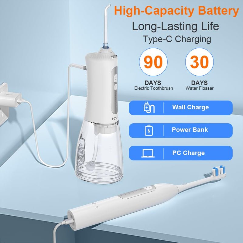 H2ofloss Sonic Electric Toothbrush and Water Flosser Combo, Rechargeable 2000mAh Toothbrush and 2500mAh Oral Irrigator with 300ml Tank, 4 Brush Heads, 5 Nozzles, 2 in 1 for Home and Travel (White) White