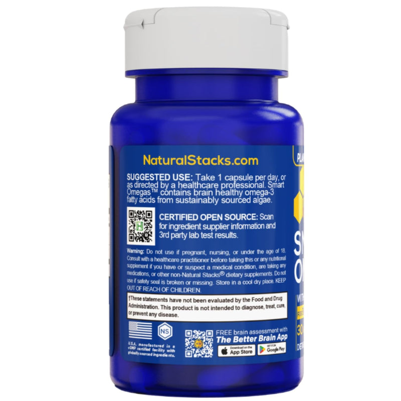 Smart Omega 3 Supplement with Blue Spirulina & Algae Oil DHA, 30 Capsules | Fish Oil Free Antioxidant Supplement - Plant Based Algae Oil w/ 200mg DHA for Brain Health - Non-GMO & Vegan - Natural Stacks