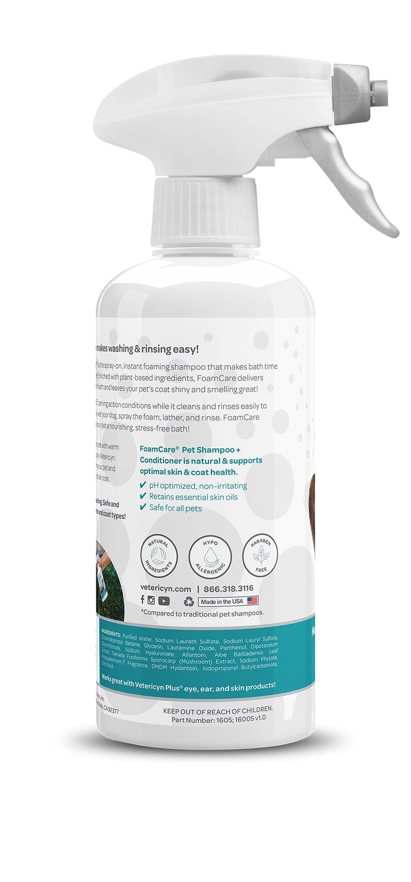 Vetericyn FoamCare Pet Shampoo Plus Conditioner, Spray-on Shampoo for Dogs and Cats, Foams Instantly and Rinses Easier, Natural Ingredient Shampoo, 16-ounce Shampoo + Conditioner - BeesActive Australia