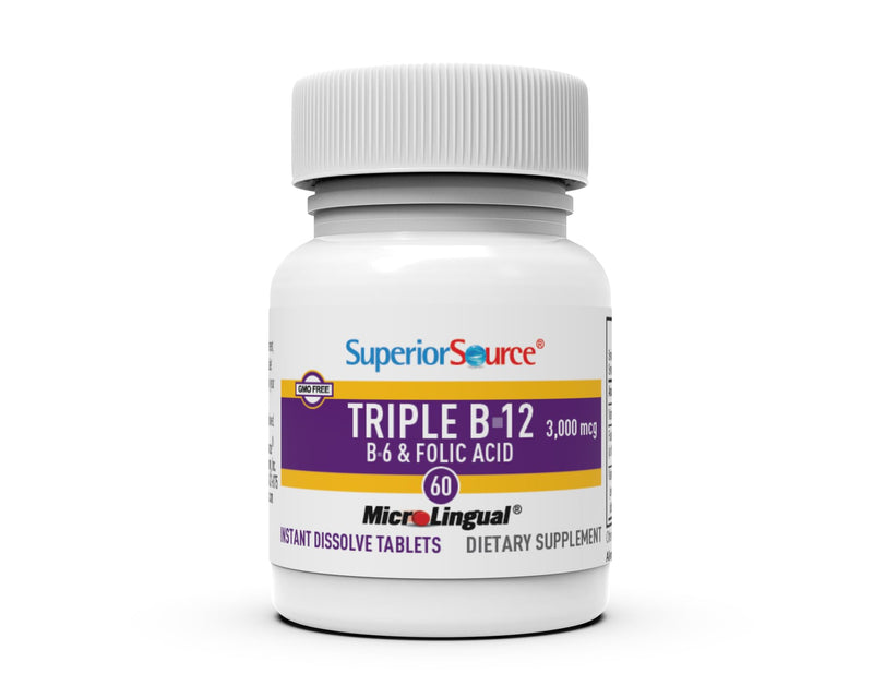 Superior Source NO Shot Triple B-12 3,000 mcg B-6 Folic Acid 800 mcg - Formula Supports Heart Health & Energy - Health Supplement with Folic Acid & Methylcobalamin - 60 Instant Dissolve Tablets Unflavored 60 Count (Pack of 1)
