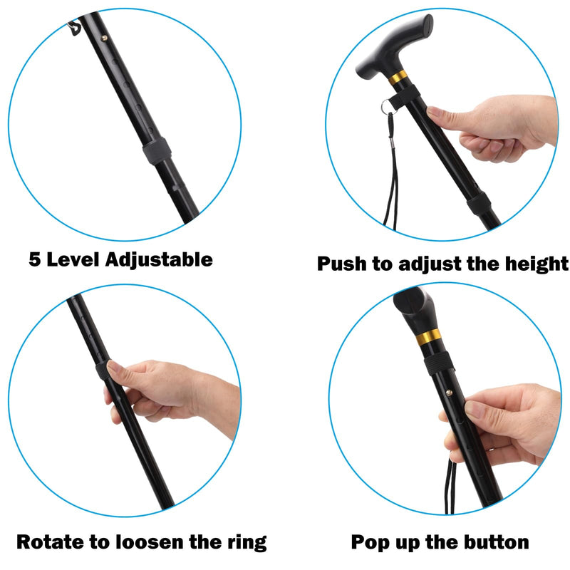 Folding Lightweight Walking Stick - Adjustable Aluminum Metal Collapsible Travel Cane with Non-Slip Rubber Base Black