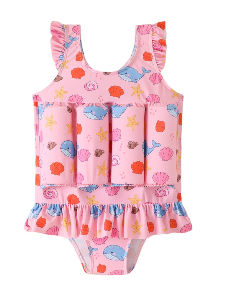 FishingDino Toddler Floatation Swimsuit Girls 1-6T, One Piece Float Suit with Built-in Float, Cute Floating Swim Suit Floatie Pink Whale 4-5T