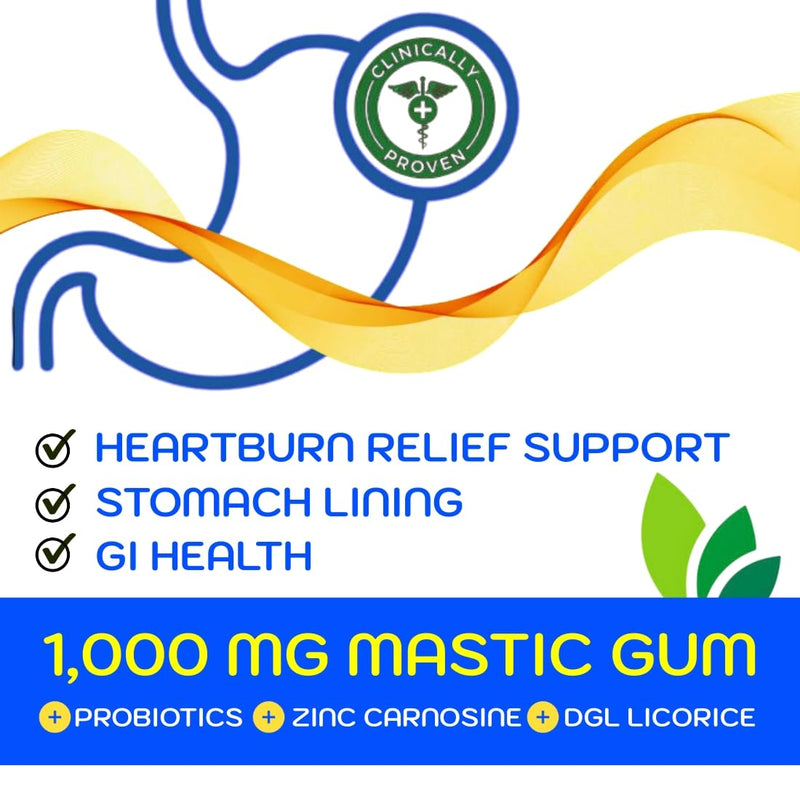 Mastic Gum Stomach Soothe - Stomach Relief h Pylori Support 4 in 1 Mastic Gum Probiotics Zinc Carnosine DGL Licorice Extract - Gut Lining Health Lemon 60 Vegan Gummies