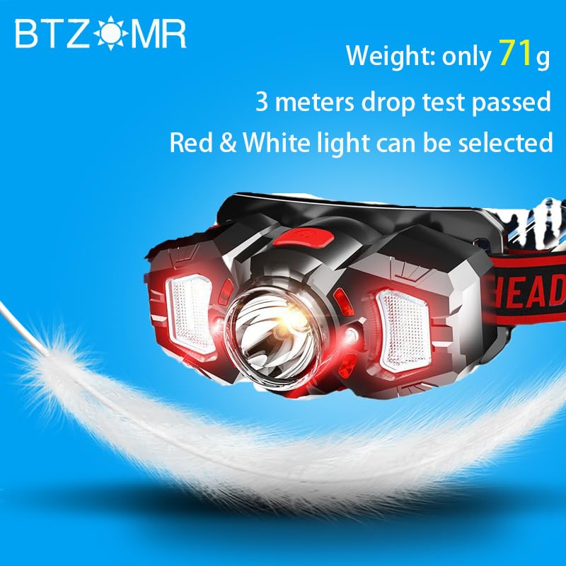 2 Headlamps, White&Red LED Headlamp, 70° Up&Down Adjustable, 4 Clips, Motion Switch, 800 Lumens, 500 Feet Distance and 10 Hours Running Time MAX, IPX5 Waterproof, for Camping, Hiking, Fishing 2 PCS