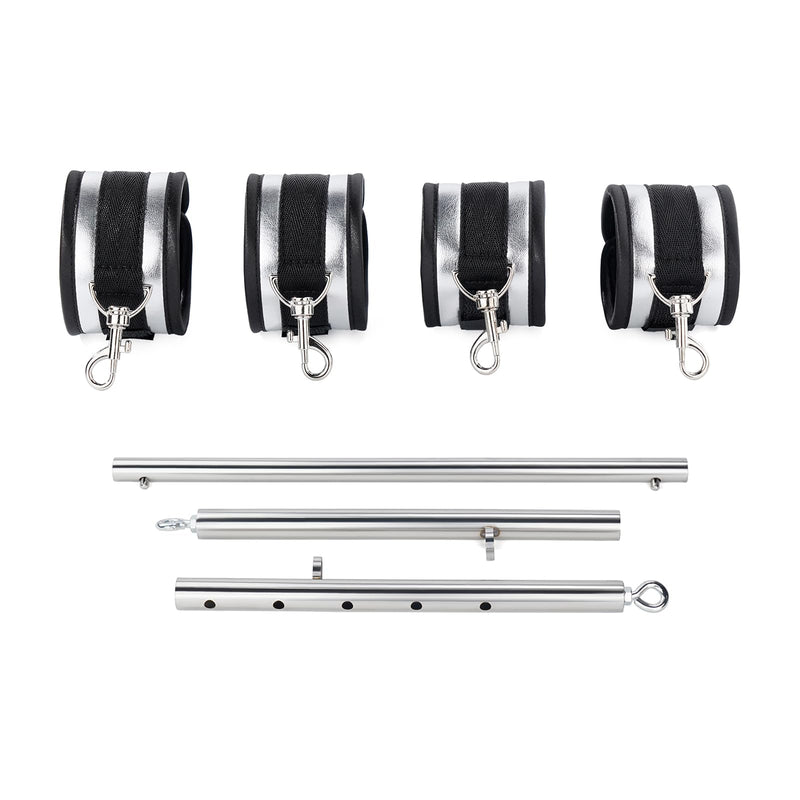 3 in 1 Heavy Duty Stainless Steel Expandable Spreader Bar with 4pcs PU Rose-Gold Adjustable Straps,Workout Bar for Home Gym Training Bar,Portable Detachable Pilates Kit Silver+Silver PU Kit