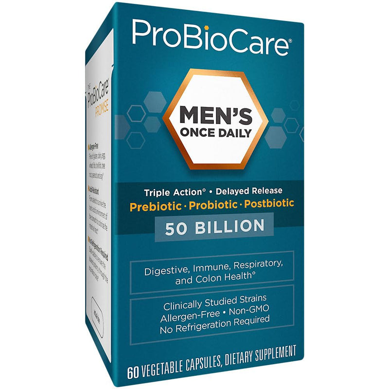 ProBioCare Men’s Once Daily Probiotic, 50B CFU, Digestive Health, 60 Caps | Triple-Action Prebiotic, Probiotic & Postbiotic Blend, Delayed-Release Capsules, Shelf-Stable, Non GMO, Allergen Free