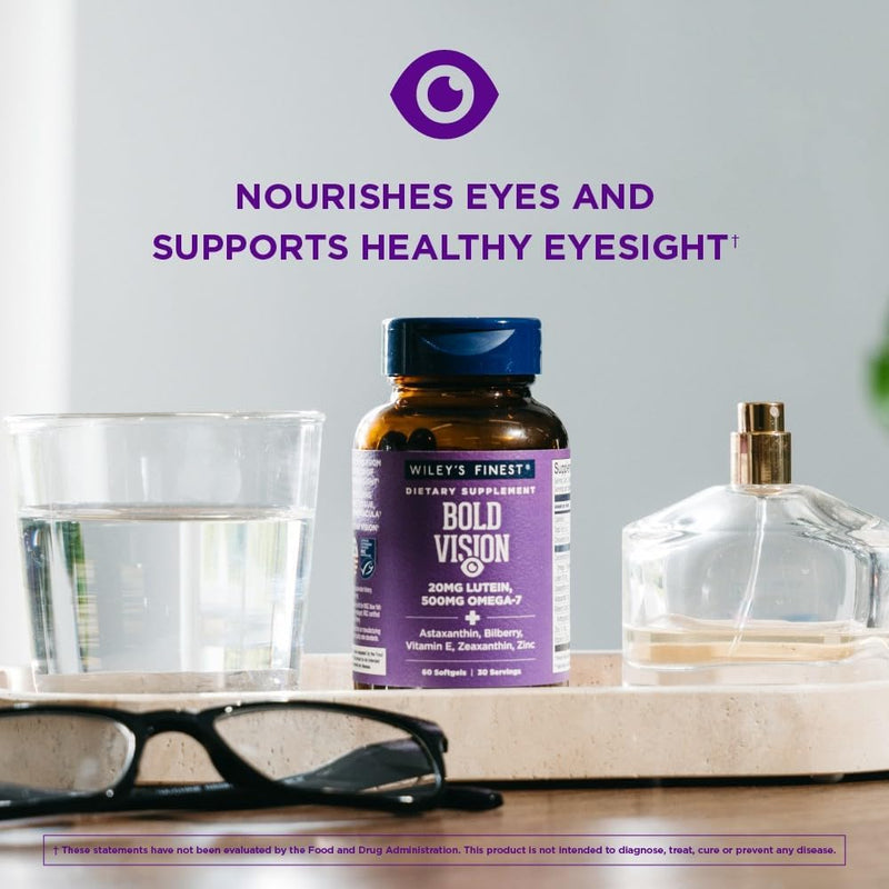 Wiley's Finest Wild Alaskan Fish Oil Bold Vision, 60 Softgels | Support Eye Health, Contains Astaxanthin, Zeaxanthin, Bilberry, Vitamin E and Zinc, 200 mg Lutein, 500 mg Omega-7