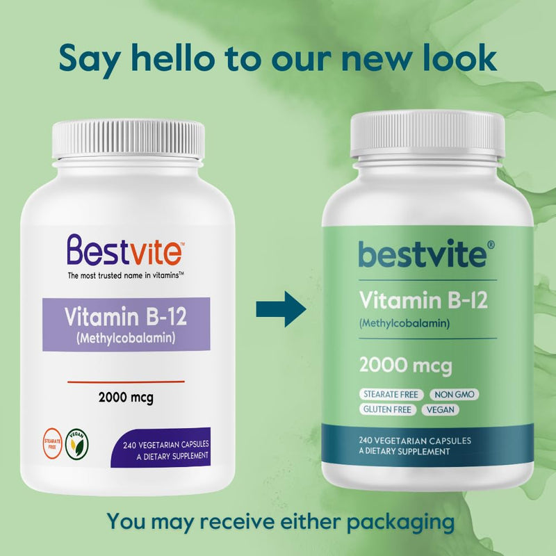 BESTVITE Vitamin B12 (Methylcobalamin) 2000mcg (240 Veg Caps) (Methyl B12) | No Stearates - Vegan - Non GMO - Gluten Free - Supports Energy Metabolism* - Vitamin B12 Supplement - Easy to Swallow Caps