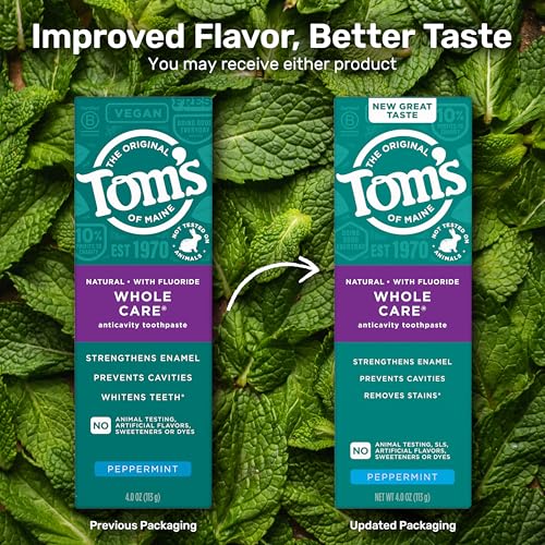 Tom's of Maine Whole Care Natural Anticavity Fluoride Toothpaste 3 Pk, 4 oz Peppermint 4 Ounce (Pack of 3)