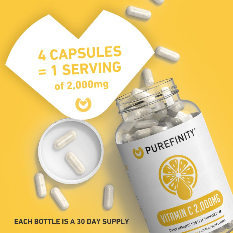 PUREFINITY Vitamin C 2000mg Capsules – Double Strength, High Absorption Supplement, Powerful Antioxidant Properties, 120 Capsules (1 Month Supply) 120 Count (Pack of 1)