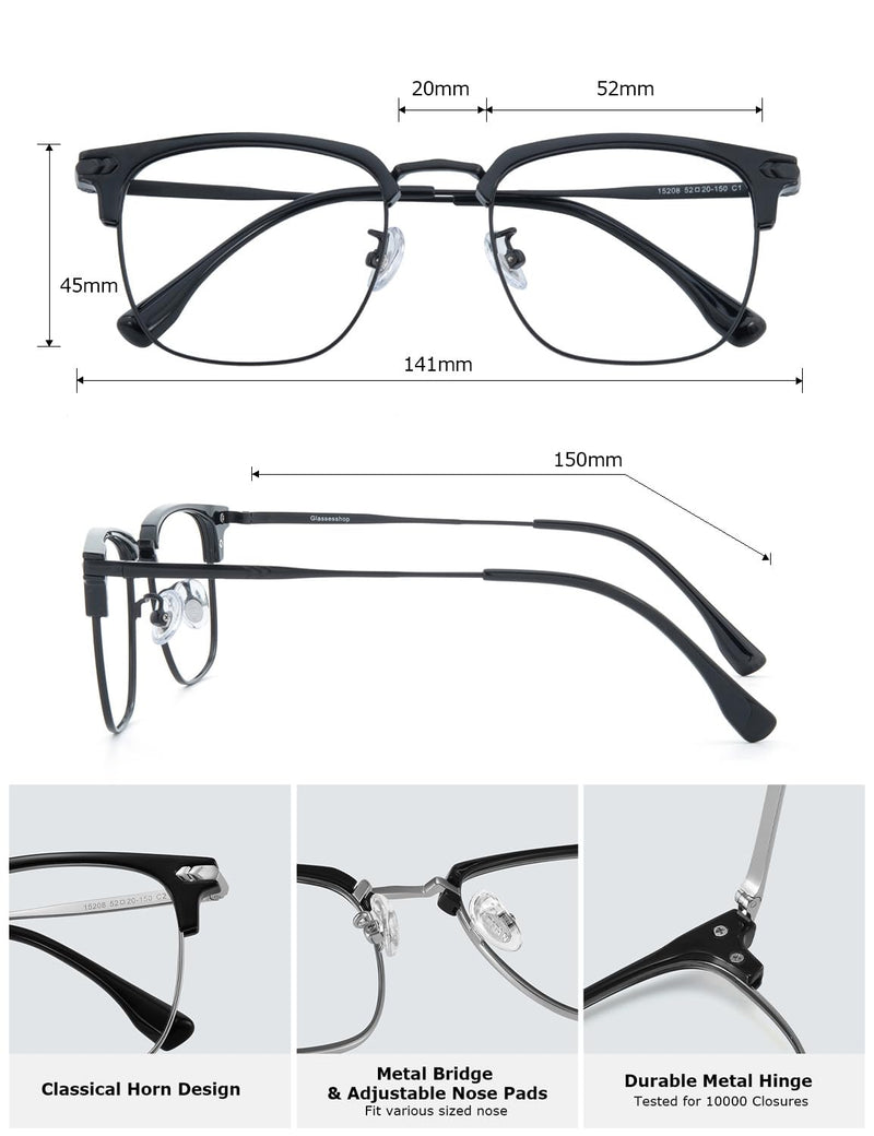 Blue Blocker Glasses for Men Metal Browline Computer Gaming Glasses With Blue Ray Filter (Gunmetal/Black TR90 Eyeglasses) 15208-gunmetal Clear - BeesActive Australia