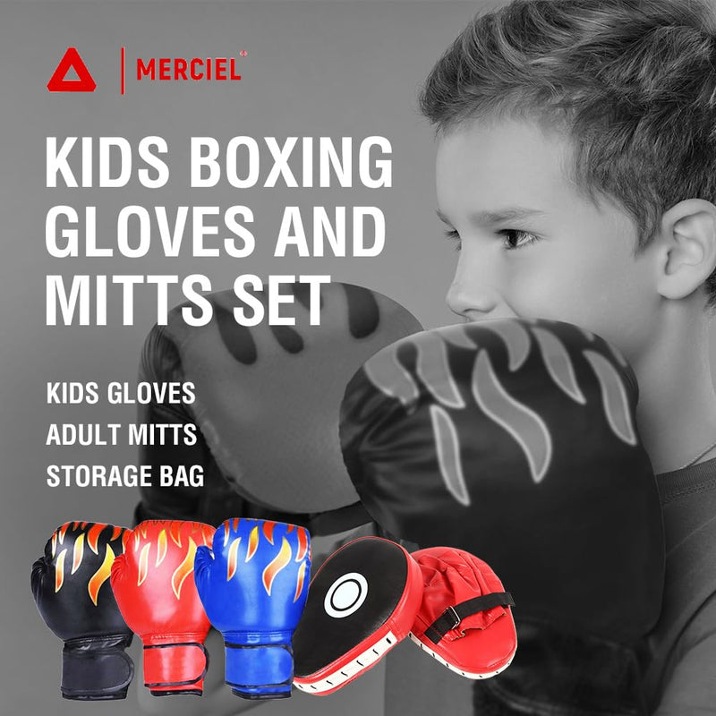 MERCIEL Boxing Gloves and Mitts Set Lightweight Kids Boxing Gloves & Adult Punching Mitts, Includes Storage Bag, One Size Fits Most Black