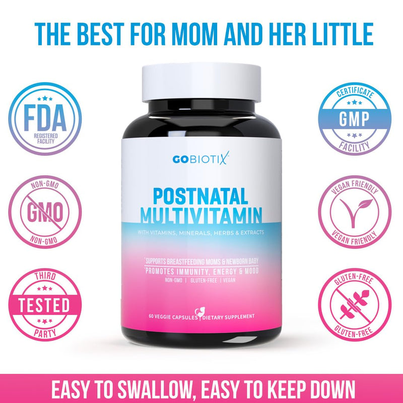 GOBIOTIX Postpartum Vitamins for Breastfeeding Moms - Postnatal Lactation Supplement with Organic Herbs, Minerals, Nutrients for New Mothers and Baby - Postpartum Essentials, Non GMO, Vegan, 60 Caps Postnatal Vitamins