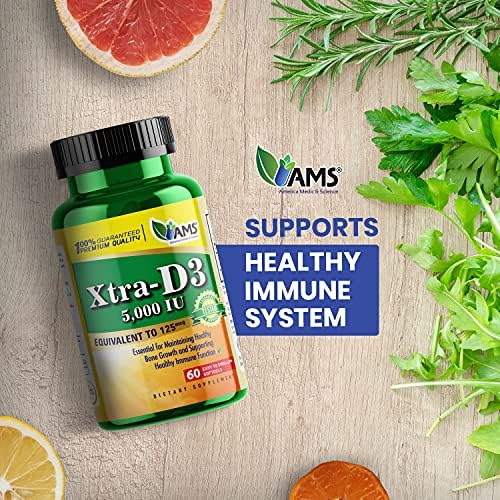 America Medic & Science Xtra D3 Vitamin D 5,000 IU (125 mcg) Cholecalciferol Supplement for Men & Women (60 Easy to Swallow Softgels) Best for Bone, Heart Health, Immune System Support, Lung Function 60