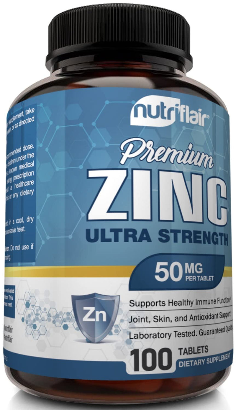 NutriFlair Zinc Gluconate 50mg, 100 Tablets - High Potency Immune System Booster Supplement Pills, Immunity Defense, Powerful Natural Antioxidant, Non-GMO, Compare with zinc picolinate, citrate, oxide