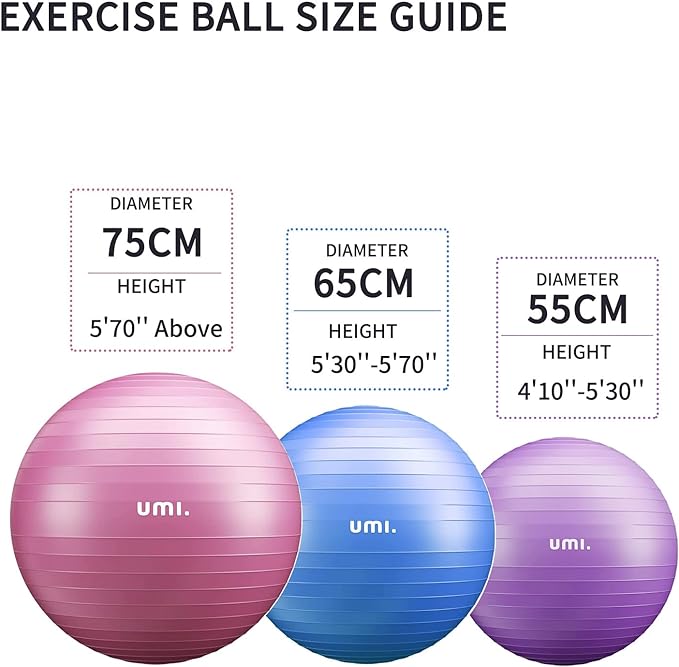 Umi. Balance Ball, 21.7 inches (55 cm), 25.6 inches (65 cm), 29.5 inches (75 cm), Anti-Burst, Thick, Anti-Slip, Load Capacity 660.1 lbs (300 kg), Hand Pump Included - BeesActive Australia