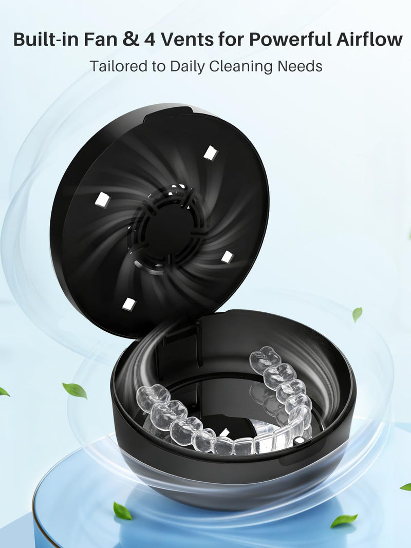 Voraiya UV Retainer Case with Fan, UVC Retainer Cleaner, Aligner Case Includes Vent Holes and Mirror, Portable Retainer Holder Box for Mouth Guard, Aligners, Night Guard, Black