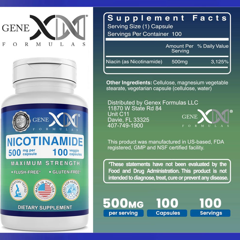 Genex Formulas Nicotinamide 500mg, Vitamin B3 Flush Free Niacin, 300 Caps | Niacinamide Supplement Help Produce Keratin & Support Skin Cell Health & Energy, Non-GMO & Gluten Free 100 Count (Pack of 3)