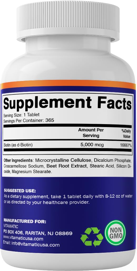 Vitamatic Biotin 5000mcg (5 mg) for Stronger Hair, Skin & Nails - 365 Vegan Tablets- Also Called Vitamin B7 (Pack of 2) 365 Count (Pack of 2)