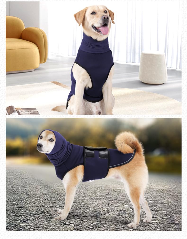 Yanmucy Calming Dog Coat with Dog Snood 2 in 1 Anxiety Relief Adjustable Anxiety Jacket with Dog Hoodie Earmuffs Relieve Nervous Dog Vest for Fireworks Thunder (Blue, 2XL) Blue - BeesActive Australia