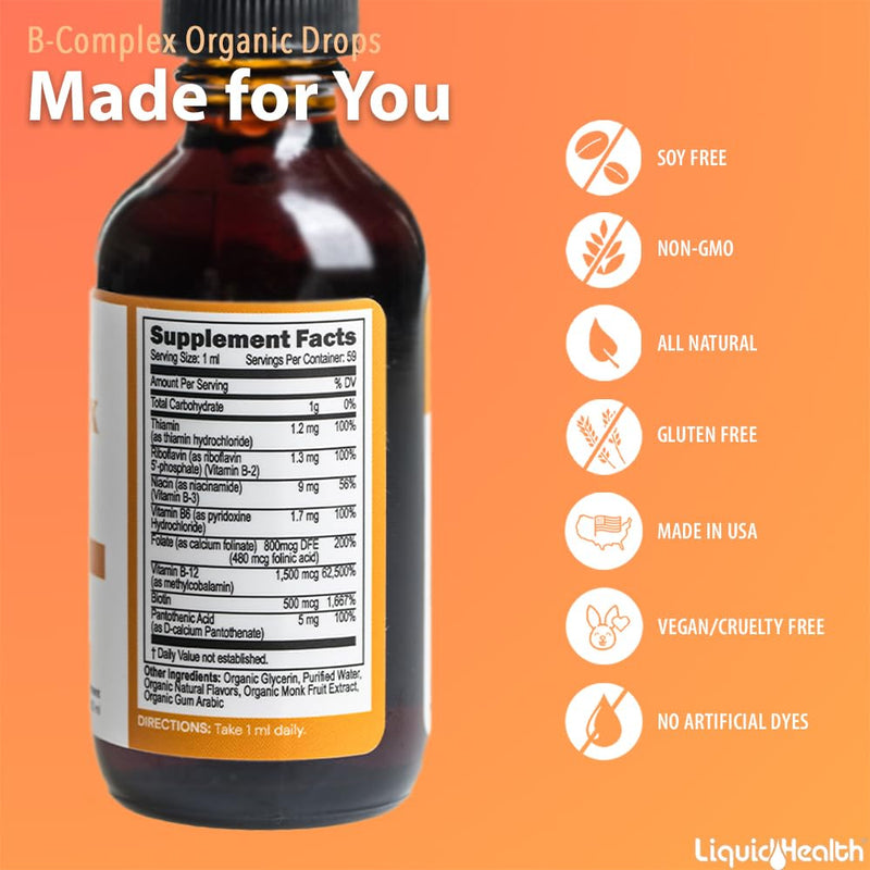 LIQUIDHEALTH USDA Organic Vitamin B Complex Drops for Men & Women - Natural Energy, Improved Focus, Memory & Mood, Immune Support, Metabolism Boost - USA Made, Extra Strength, Sugar Free, Vegan (2 oz) 2 Fl Oz (Pack of 1)