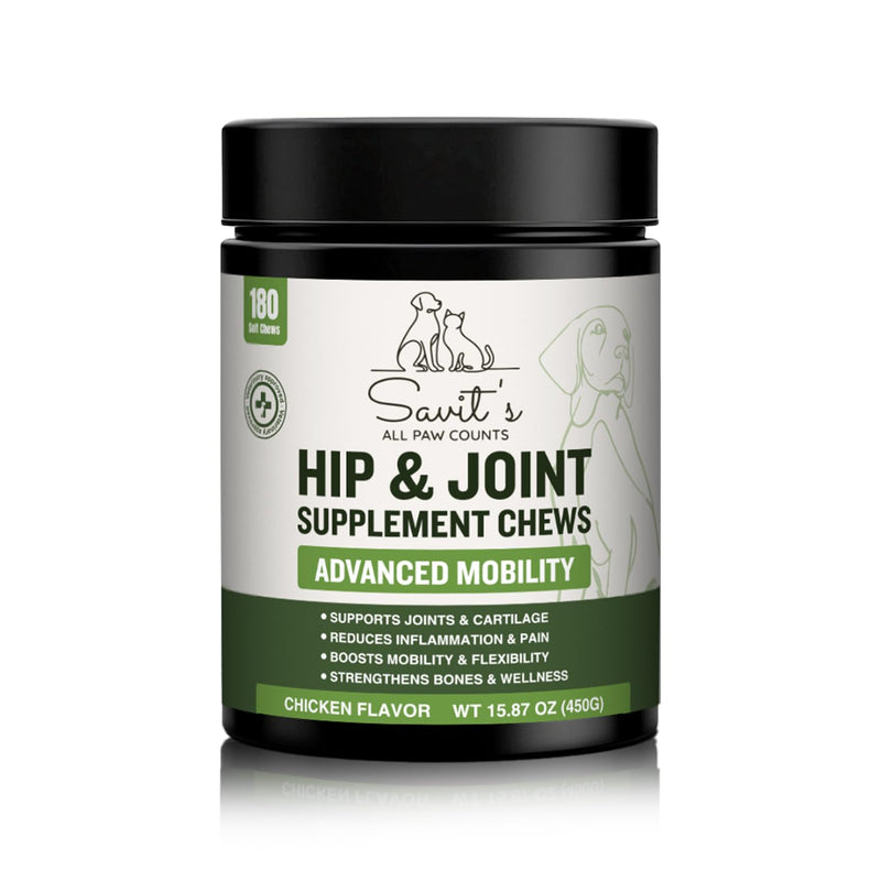 Savit's Dog Hip and Joint Supplement Chews - Dog Joint Supplement for Mobility - Canine Hip Support Pain Relief Supplements with Glucosamine, Turmeric, Chondroitin - Chicken Flavored - 180 Soft Chews