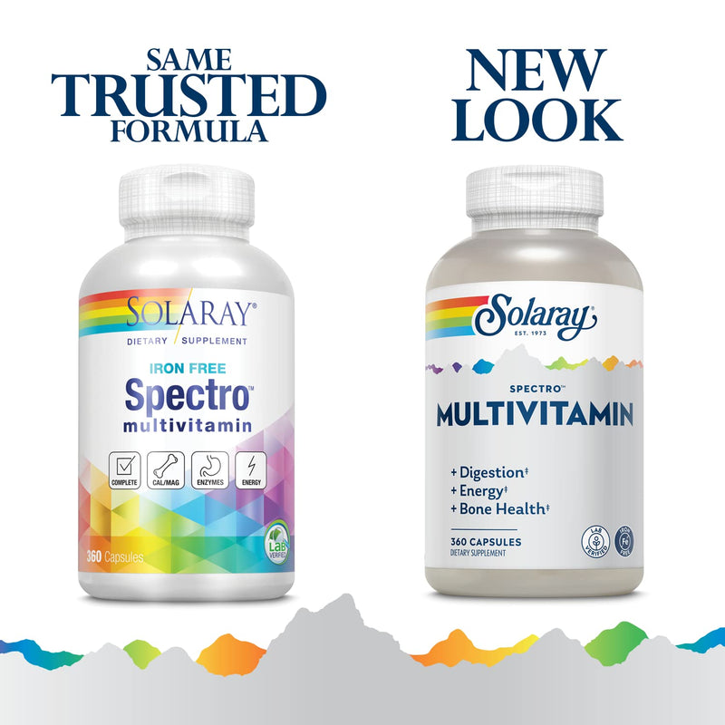 SOLARAY Spectro Multivitamin, Iron Free - Multi Vitamin w/Calcium, Magnesium, Energizing Greens, Digestive Enzymes - Digestion, Cellular Energy, Bone Health, Immune Support, 60 Servings, 360 Capsules 360 Count (Pack of 1)