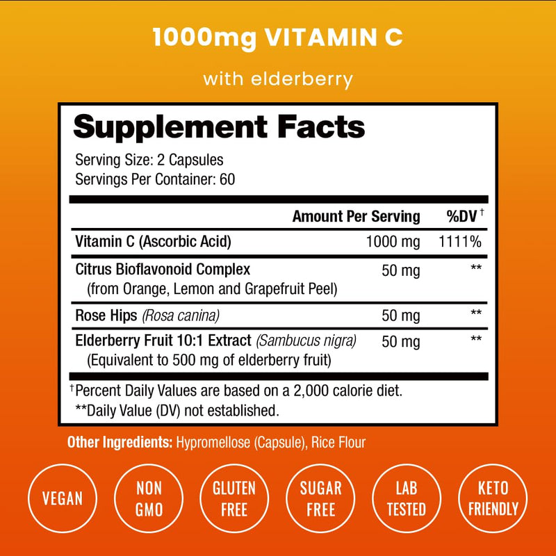 NutraChamps 1000 mg Vitamin C with Rose Hips, Vitamin C Supplement with Elderberry & Citrus Bioflavonoids, Kids Immune Boosting Supplemen Capsules Pill Vitamin C Capsules