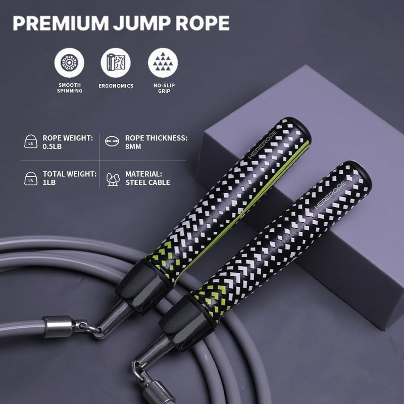 Hererope Weighted Jump Ropes for Men & Women, 1/2 LB Jump Rope Weighted With Ball-bearing, No-Slip Grip, Durable Steel Cable, Heavy Jump Rope Designed for Fitness, High-Intensity Strength Workouts, crossfit Grey Medium - 8'4 (User Height 5'4.5" - 5'7")