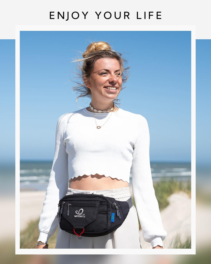 WATERFLY Running Belt Fanny Pack: Runner Marathon Jogging Waist Pack Sport Workout Exercise Fitness Phone Holder Belt for Men Women Jogger Slim Waistband Black Black with Peacock Blue Panel