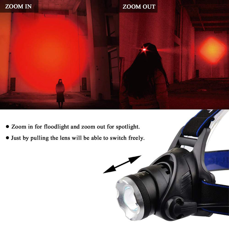 Hunting Red Light Headlamp Zoomable LED Headlight with 3 Lighting Mode and Water Resistant for Running Camping Hiking Reading. 1-Pack